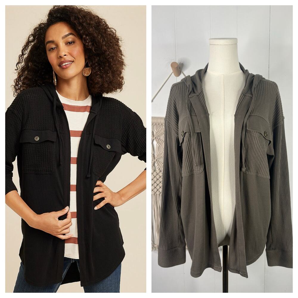 🧺 5 for $25 Sale Maurices Waffle Knit Hooded Cardigan Sweater Medium Taupe Gray